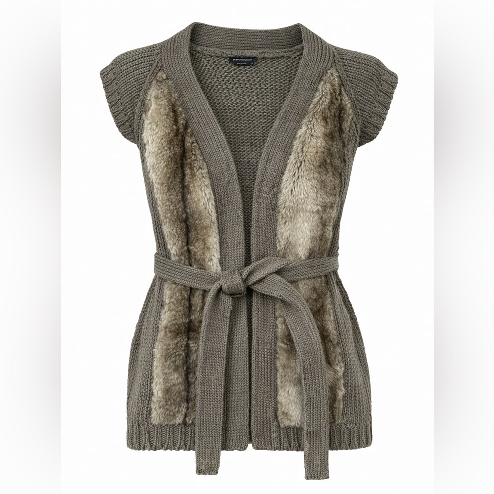 BCBGMAXAZRIA Taupe Faux Fur Knit Belted Sweater Vest Women's M Pockets